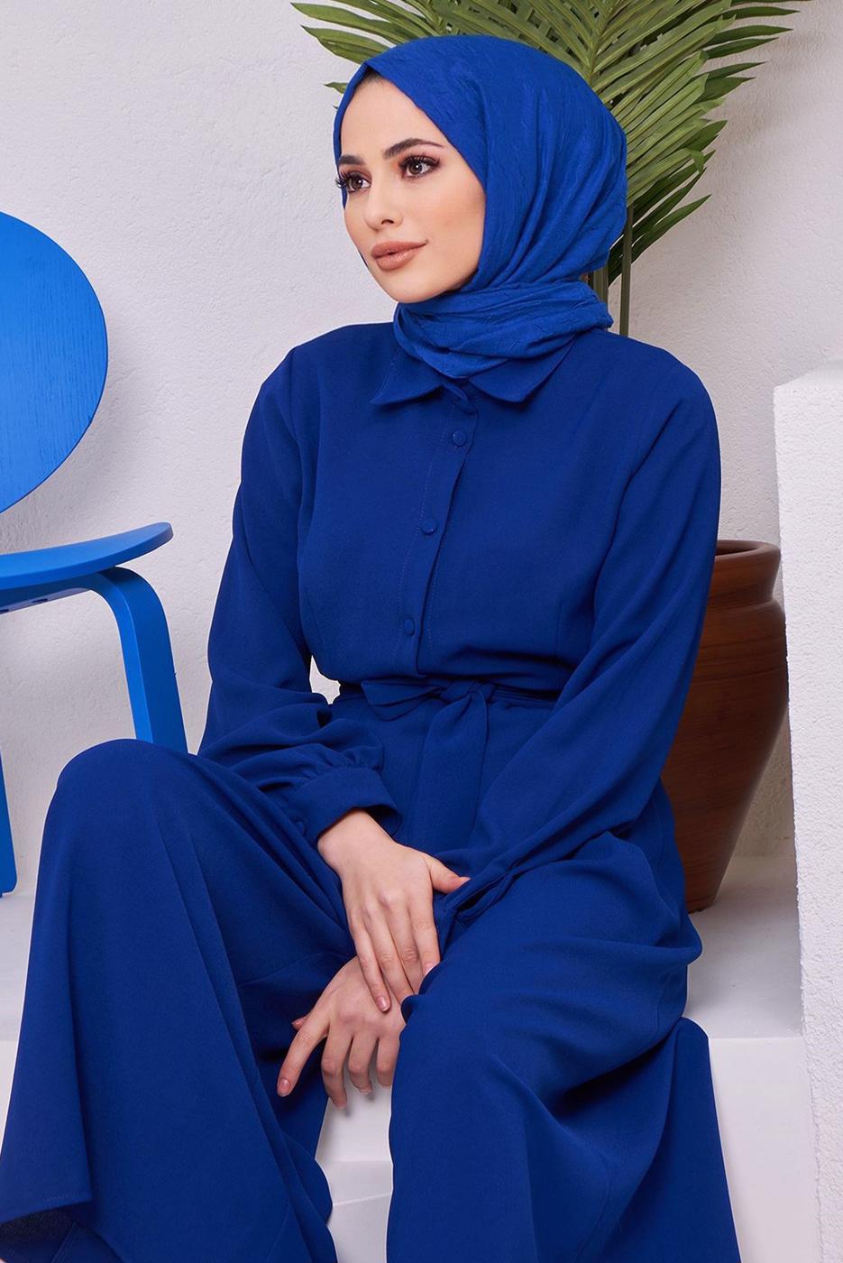 Hijab clothing NAVY BLUE BUTTON DETAIL BELTED OVERALLS 14051 