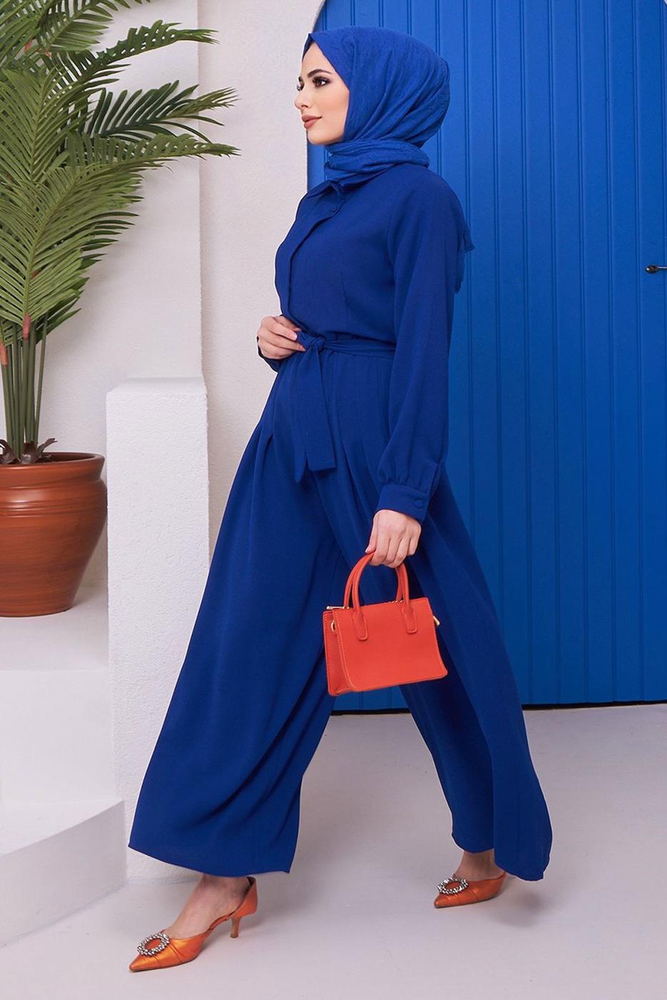 Hijab clothing NAVY BLUE BUTTON DETAIL BELTED OVERALLS 14051 