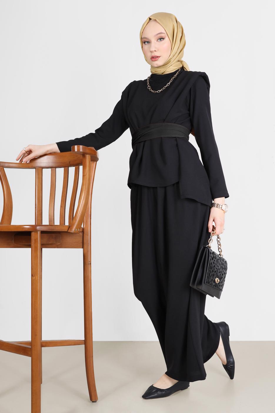Hijab clothing BLACK BELTED PADDED 2-PIECE PANTS SUIT 6900 