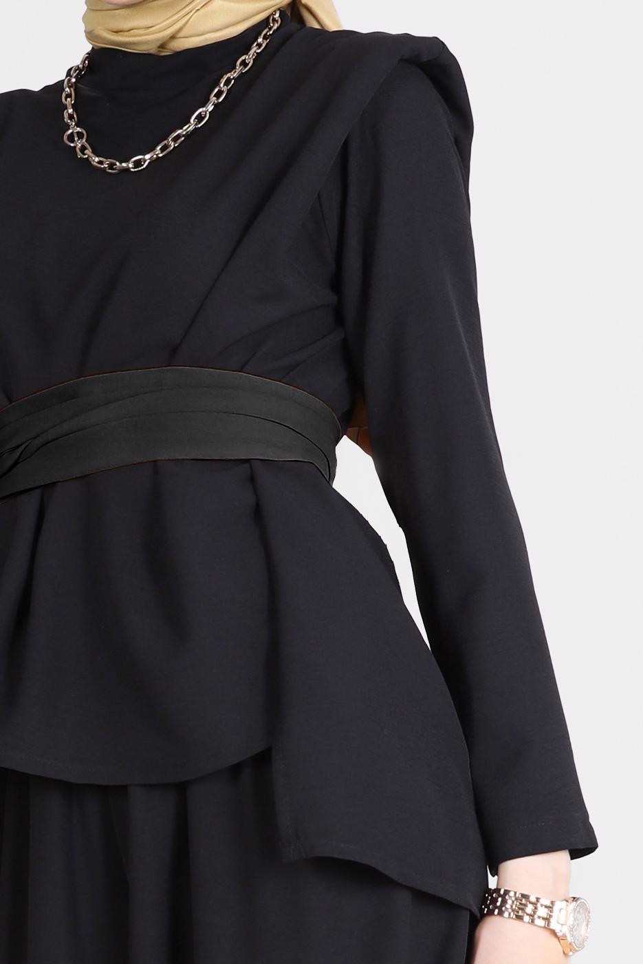 Hijab clothing BLACK BELTED PADDED 2-PIECE PANTS SUIT 6900 