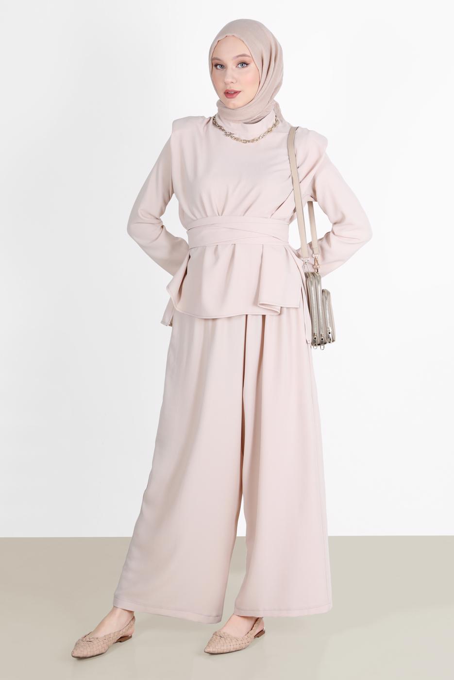 Hijab clothing BEIGE BELTED PADDED 2-PIECE PANTS SUIT 6900 