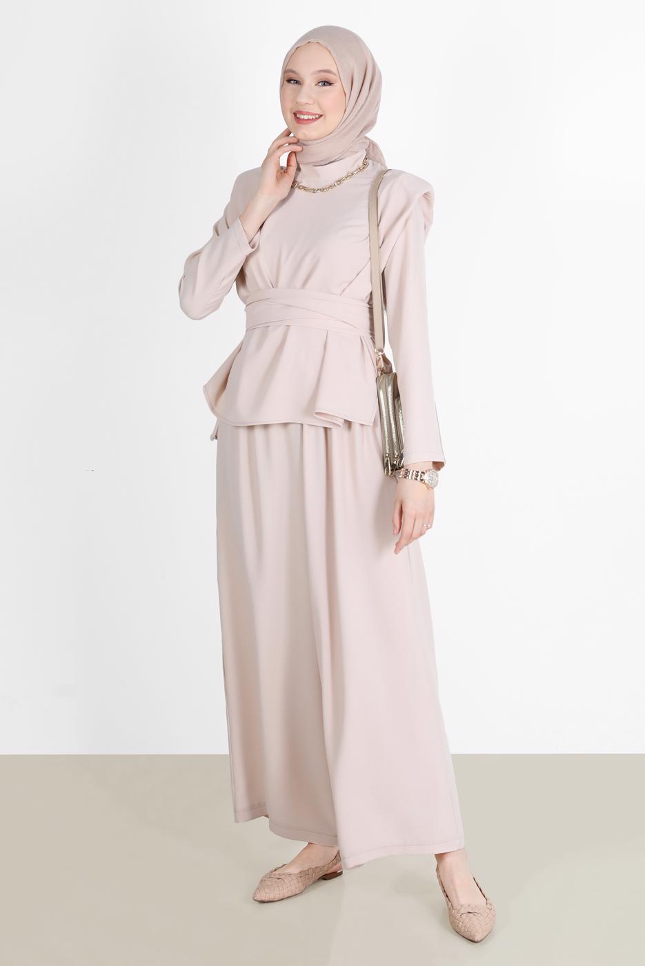 Hijab clothing BEIGE BELTED PADDED 2-PIECE PANTS SUIT 6900 