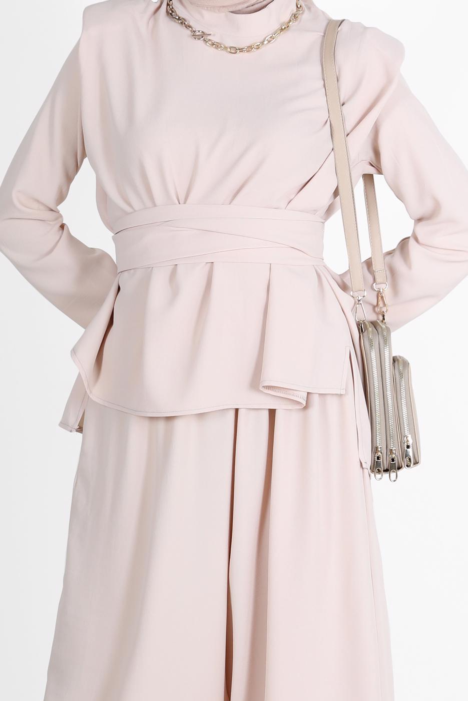 Hijab clothing BEIGE BELTED PADDED 2-PIECE PANTS SUIT 6900 