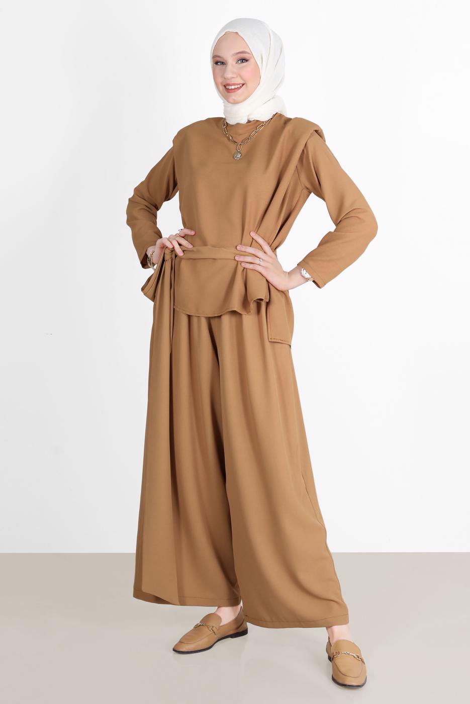 Vêtements hijab BRUN ENSEMBLE PANTALON 2 PIÈCES REMBOURRÉ AVEC CEINTURE 6900