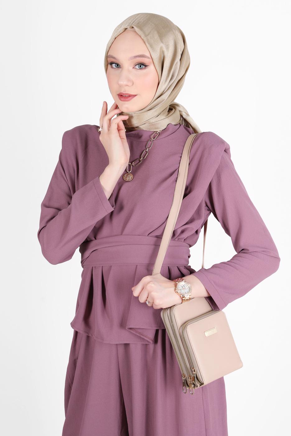 Hijab clothing PINK BELTED PADDED 2-PIECE PANTS SUIT 6900 