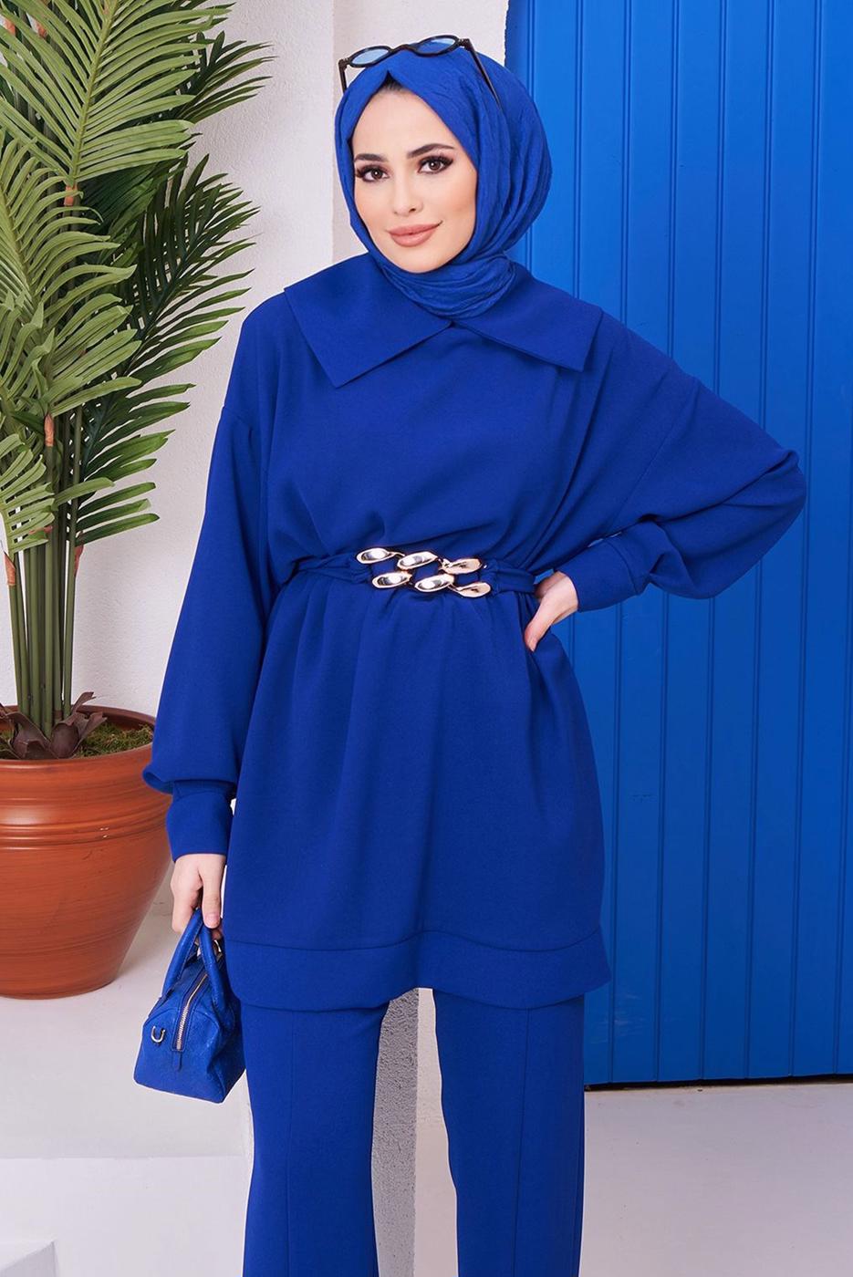 Tesettür giyim LACİVERT KUŞAĞI ZİNCİR DETAYLI GENİŞ YAKA İKİLİ PANT. TAKIM 81051 