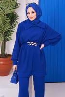 Tesettür giyim LACİVERT KUŞAĞI ZİNCİR DETAYLI GENİŞ YAKA İKİLİ PANT. TAKIM 81051 