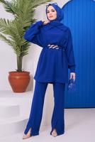 Tesettür giyim LACİVERT KUŞAĞI ZİNCİR DETAYLI GENİŞ YAKA İKİLİ PANT. TAKIM 81051 