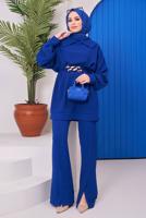 Tesettür giyim LACİVERT KUŞAĞI ZİNCİR DETAYLI GENİŞ YAKA İKİLİ PANT. TAKIM 81051 