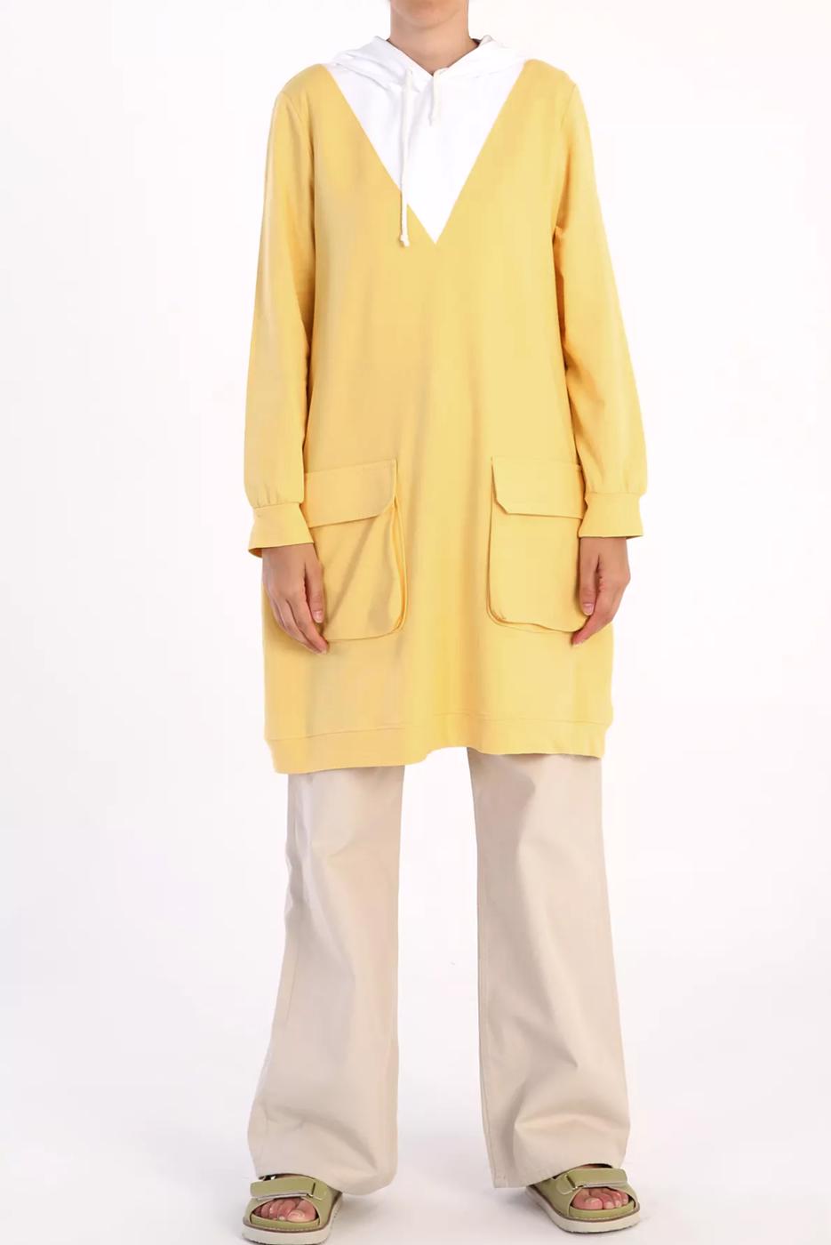 Tesettür giyim SARI CEP DETAYLI KAPÜŞONLU 2-RENK TUNİK 50125 