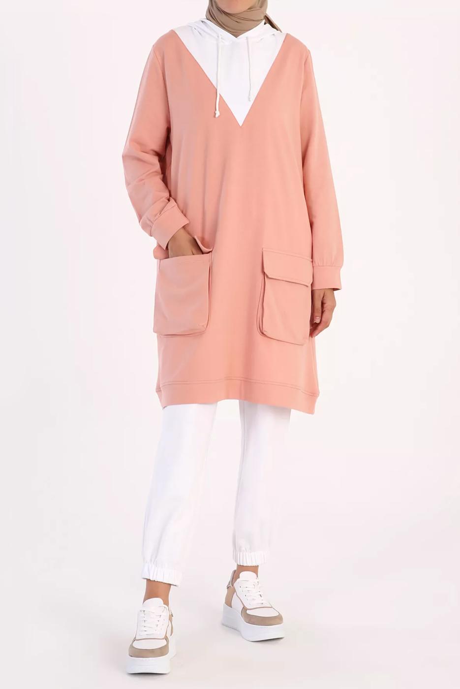 Tesettür giyim PUDRA CEP DETAYLI KAPÜŞONLU 2-RENK TUNİK 50125 