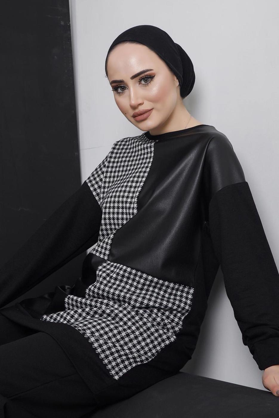 Tesettür giyim SİYAH KAZAYAĞI DESENLİ DERİ DETAYLI 2&prime;Lİ PANT. TAKIM 5196 