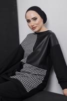 Tesettür giyim SİYAH KAZAYAĞI DESENLİ DERİ DETAYLI 2&prime;Lİ PANT. TAKIM 5196 