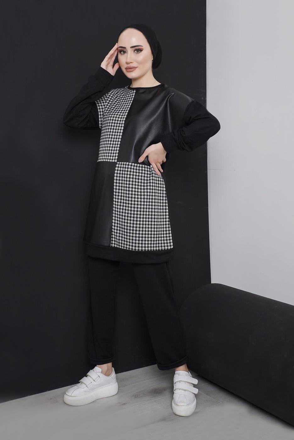 Tesettür giyim SİYAH KAZAYAĞI DESENLİ DERİ DETAYLI 2&prime;Lİ PANT. TAKIM 5196 