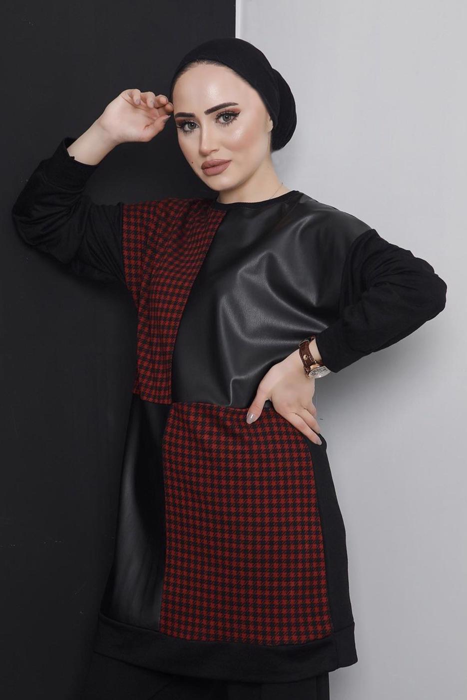 Tesettür giyim BORDO KAZAYAĞI DESENLİ DERİ DETAYLI 2&prime;Lİ PANT. TAKIM 5196 