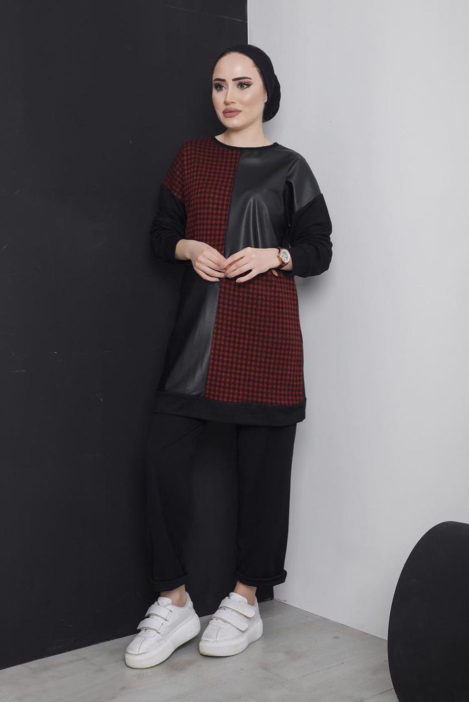 Tesettür giyim BORDO KAZAYAĞI DESENLİ DERİ DETAYLI 2&prime;Lİ PANT. TAKIM 5196 