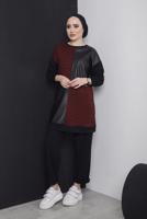 Tesettür giyim BORDO KAZAYAĞI DESENLİ DERİ DETAYLI 2&prime;Lİ PANT. TAKIM 5196 