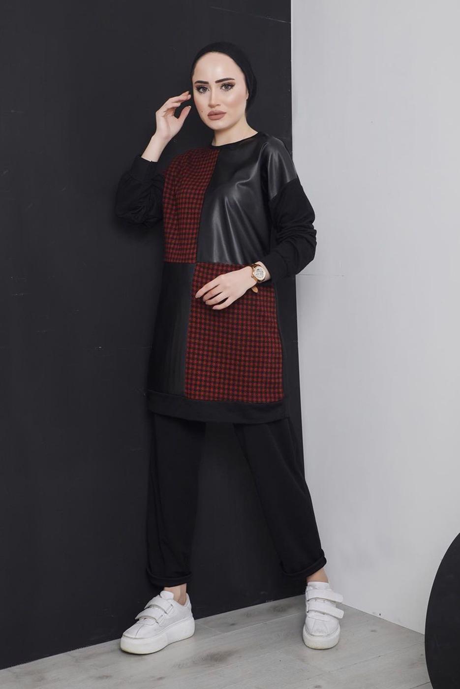 Tesettür giyim BORDO KAZAYAĞI DESENLİ DERİ DETAYLI 2&prime;Lİ PANT. TAKIM 5196 