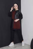 Tesettür giyim BORDO KAZAYAĞI DESENLİ DERİ DETAYLI 2&prime;Lİ PANT. TAKIM 5196 