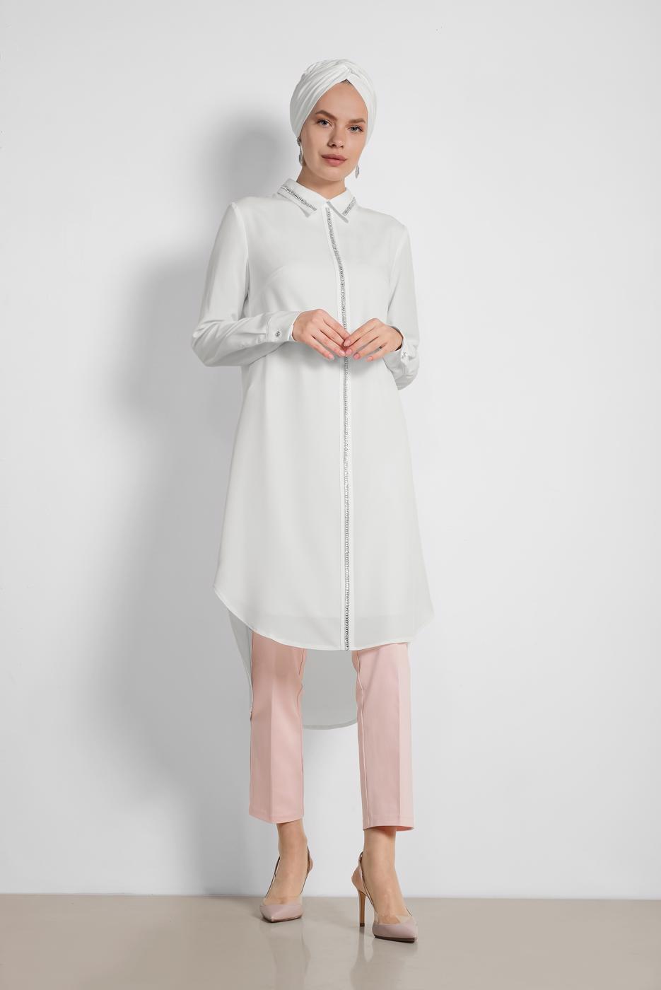 Tesettür giyim PUDRA ALVİNA ARA BEL PAMUKLU KUMAŞ PANTOLON 7552