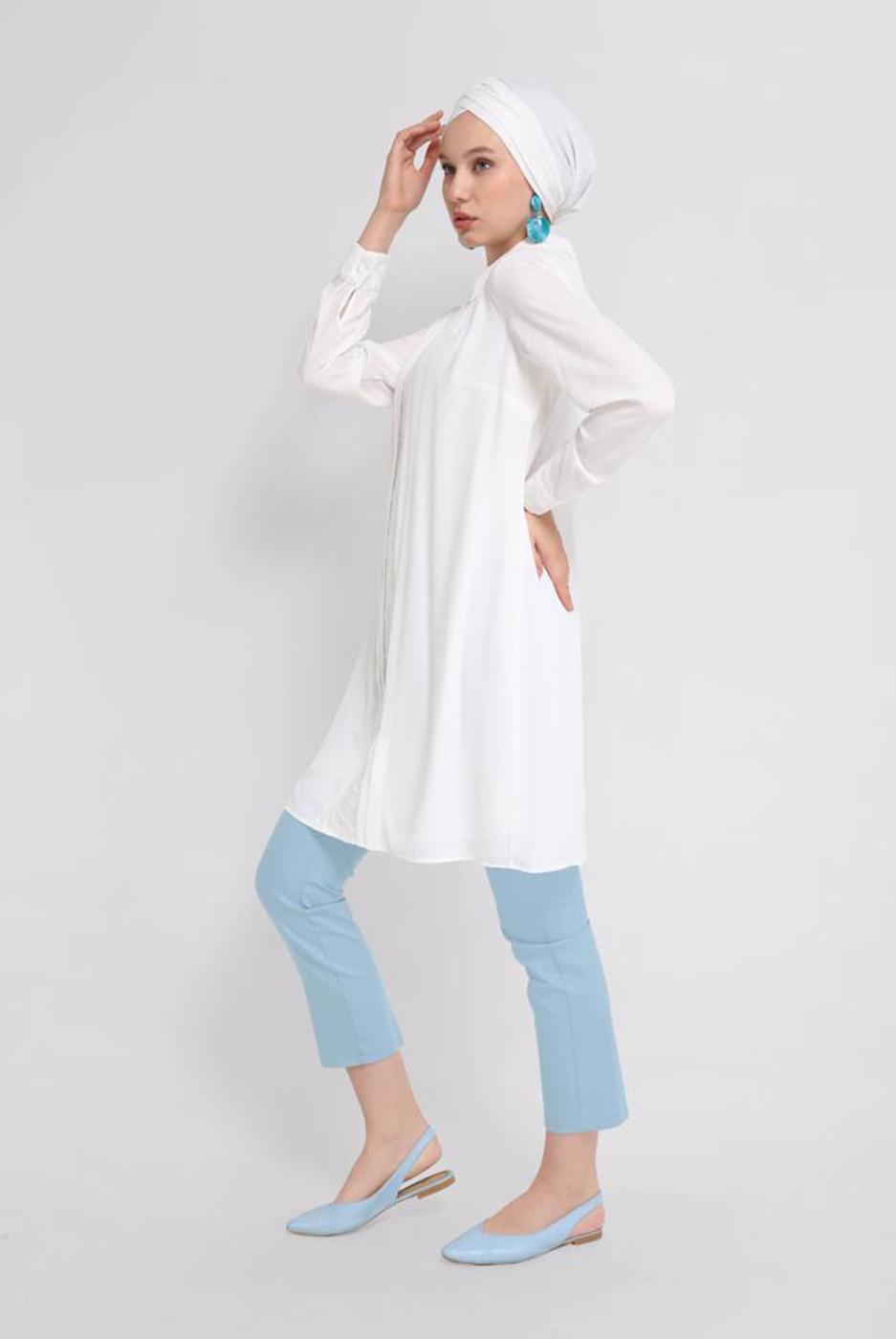 Tesettür giyim MAVİ ALVİNA ARA BEL PAMUKLU KUMAŞ PANTOLON 7552