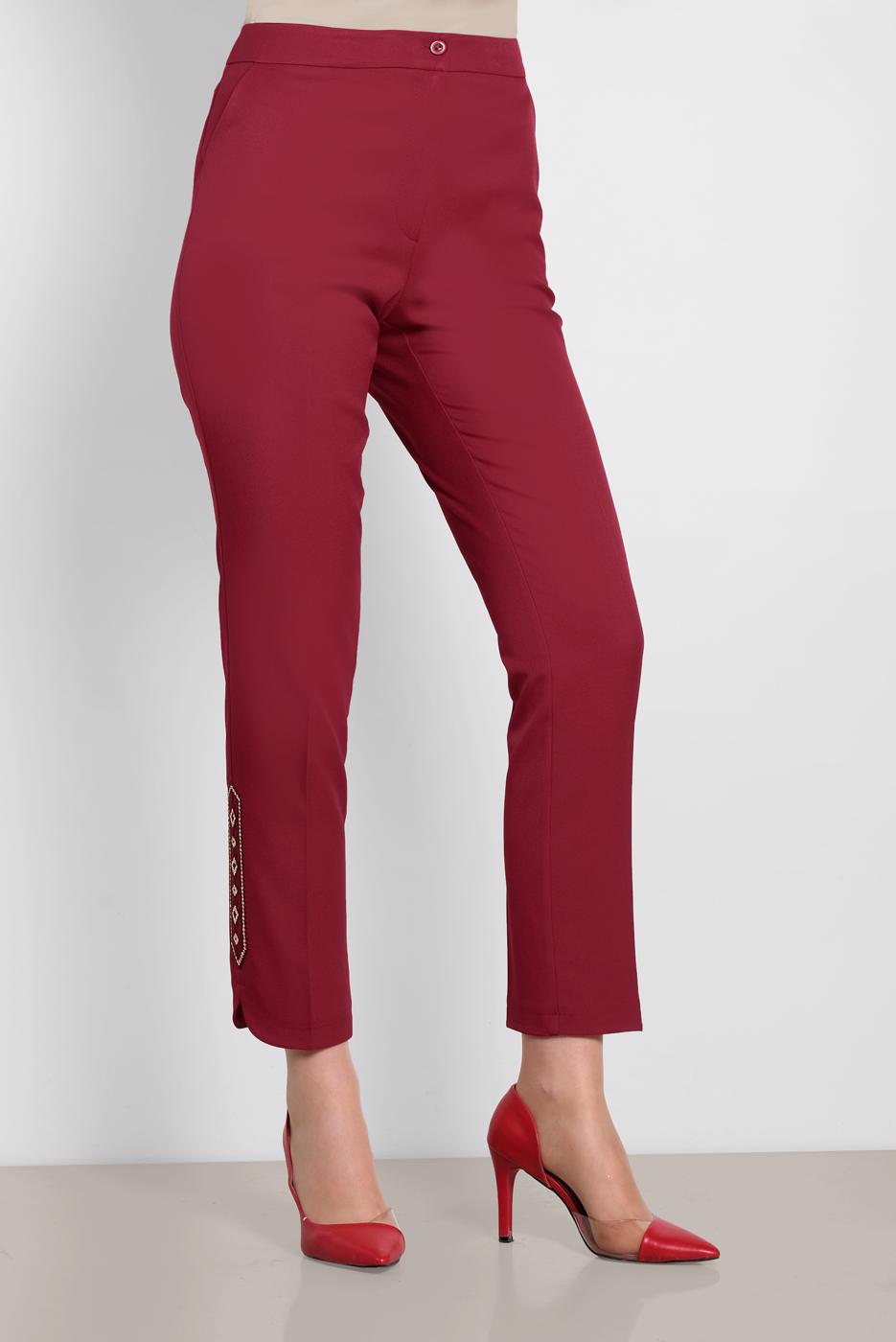 Tesettür giyim BORDO ALVİNA PAÇASI PUL İŞLEMELİ ARA BEL PANTOLON 7566 