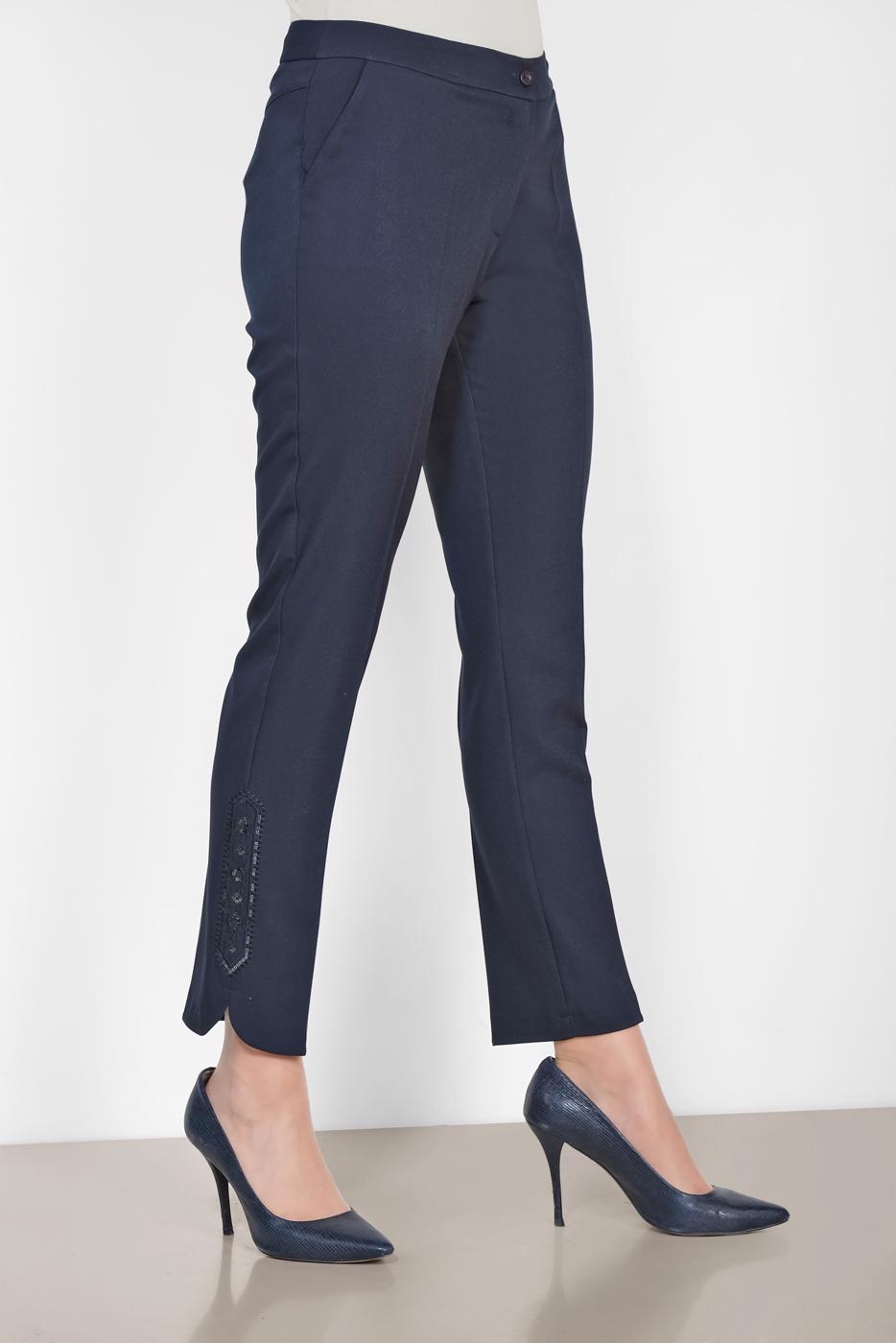 Tesettür giyim LACİVERT ALVİNA PAÇASI PUL İŞLEMELİ ARA BEL PANTOLON 7566 