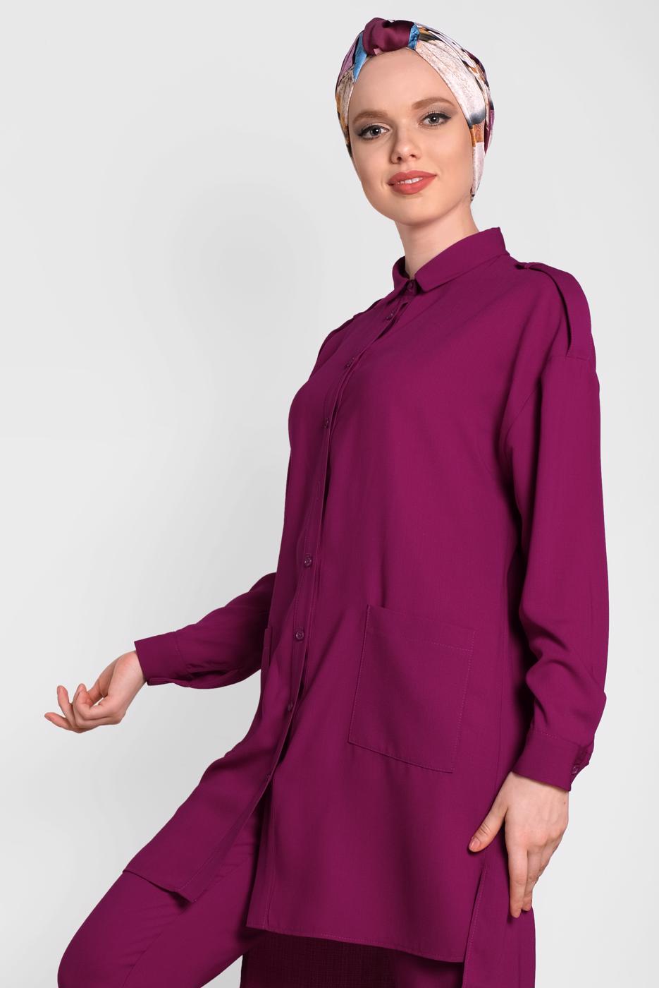 Tesettür giyim MOR ALVİNA DÜĞMELİ CEP DETAYLI İKİLİ PANTOLONLU TAKIM T 4322