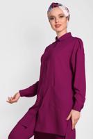 Tesettür giyim MOR ALVİNA DÜĞMELİ CEP DETAYLI İKİLİ PANTOLONLU TAKIM T 4322