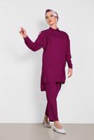 Tesettür giyim MOR ALVİNA DÜĞMELİ CEP DETAYLI İKİLİ PANTOLONLU TAKIM T 4322