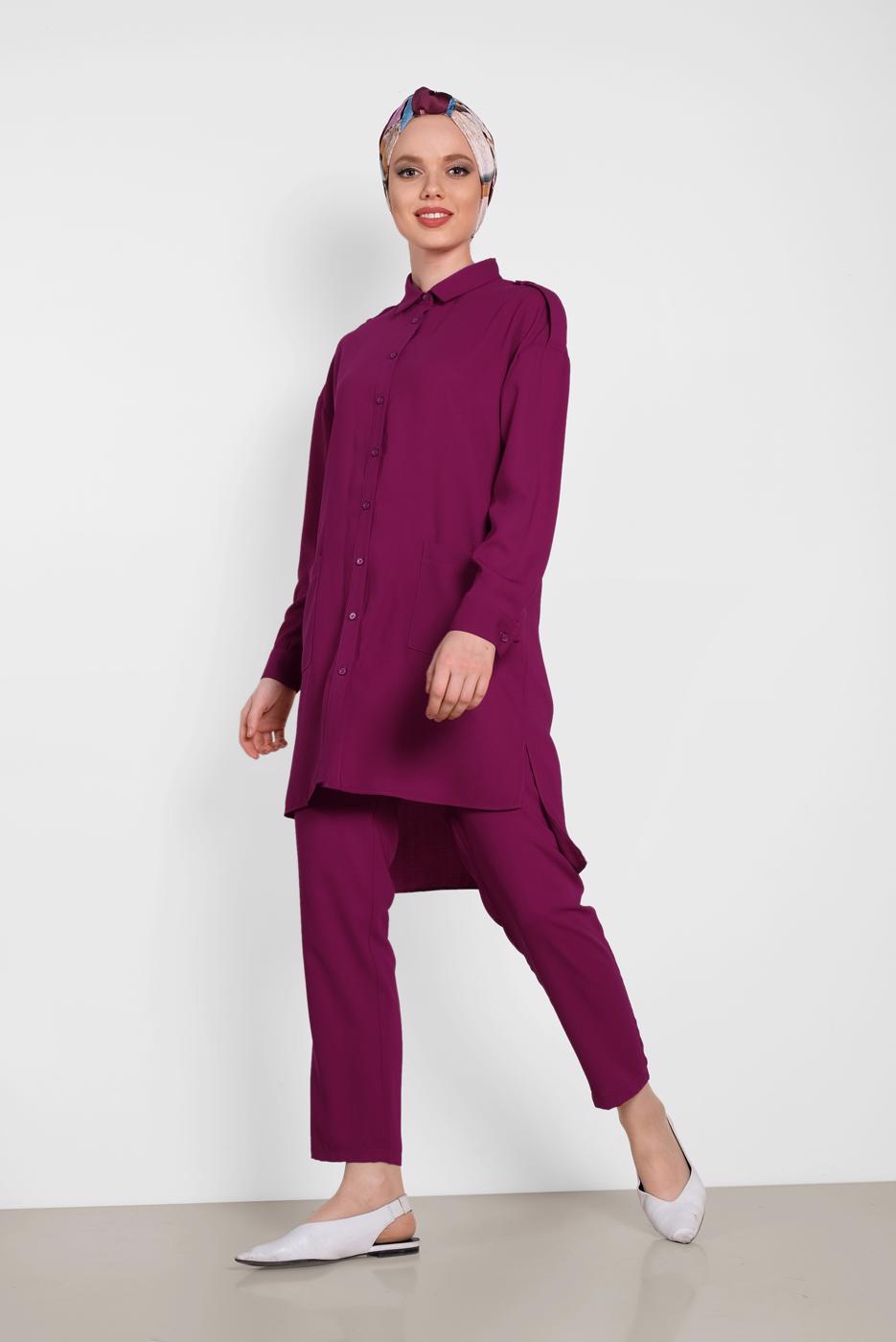 Tesettür giyim MOR ALVİNA DÜĞMELİ CEP DETAYLI İKİLİ PANTOLONLU TAKIM T 4322
