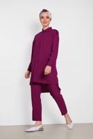 Tesettür giyim MOR ALVİNA DÜĞMELİ CEP DETAYLI İKİLİ PANTOLONLU TAKIM T 4322