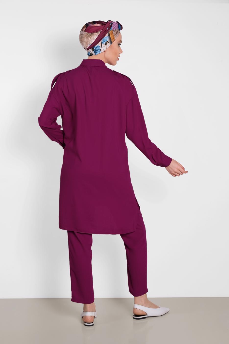 Tesettür giyim MOR ALVİNA DÜĞMELİ CEP DETAYLI İKİLİ PANTOLONLU TAKIM T 4322
