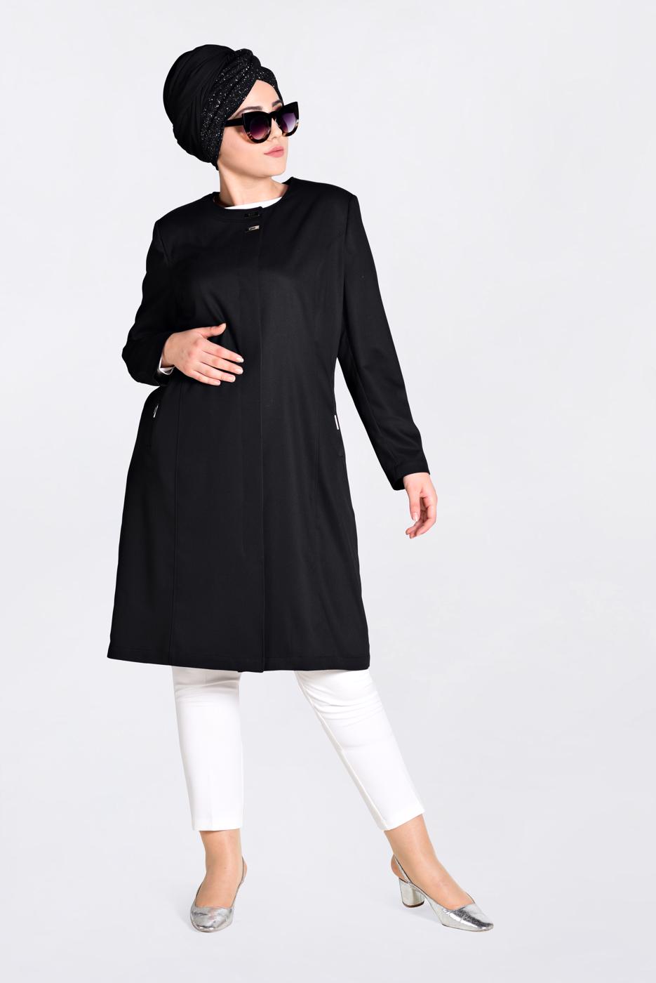 Hijab clothing BLACK CREW NECK TRENCH COAT WITH POCKET 1299 