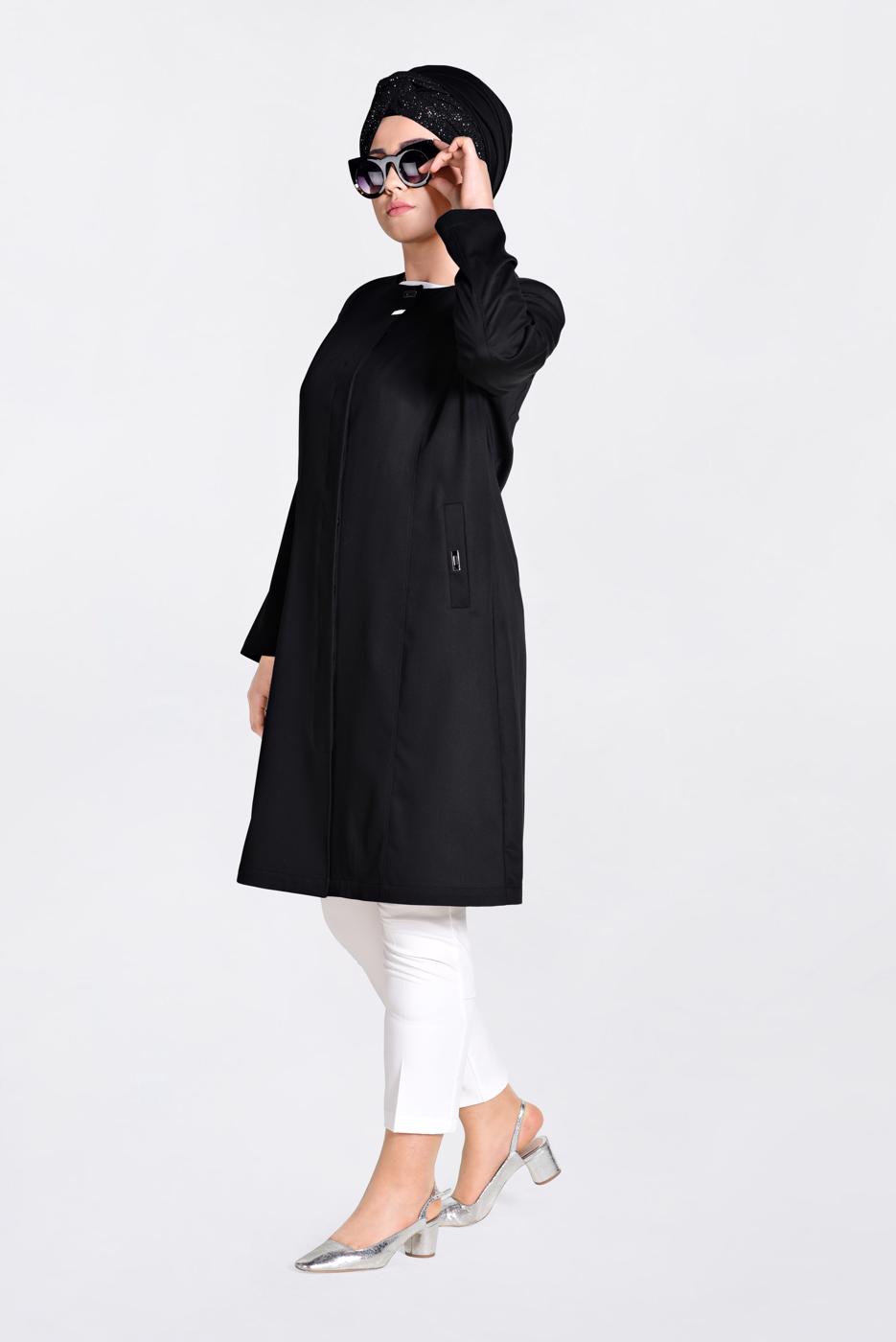 Hijab clothing BLACK CREW NECK TRENCH COAT WITH POCKET 1299 