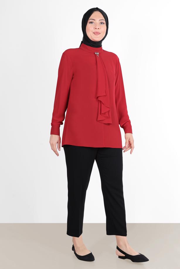 Vêtements hijab ROUGE ALVİNA BLOUSE À COL FOULARD 20036 - TRENDTESETTÜR