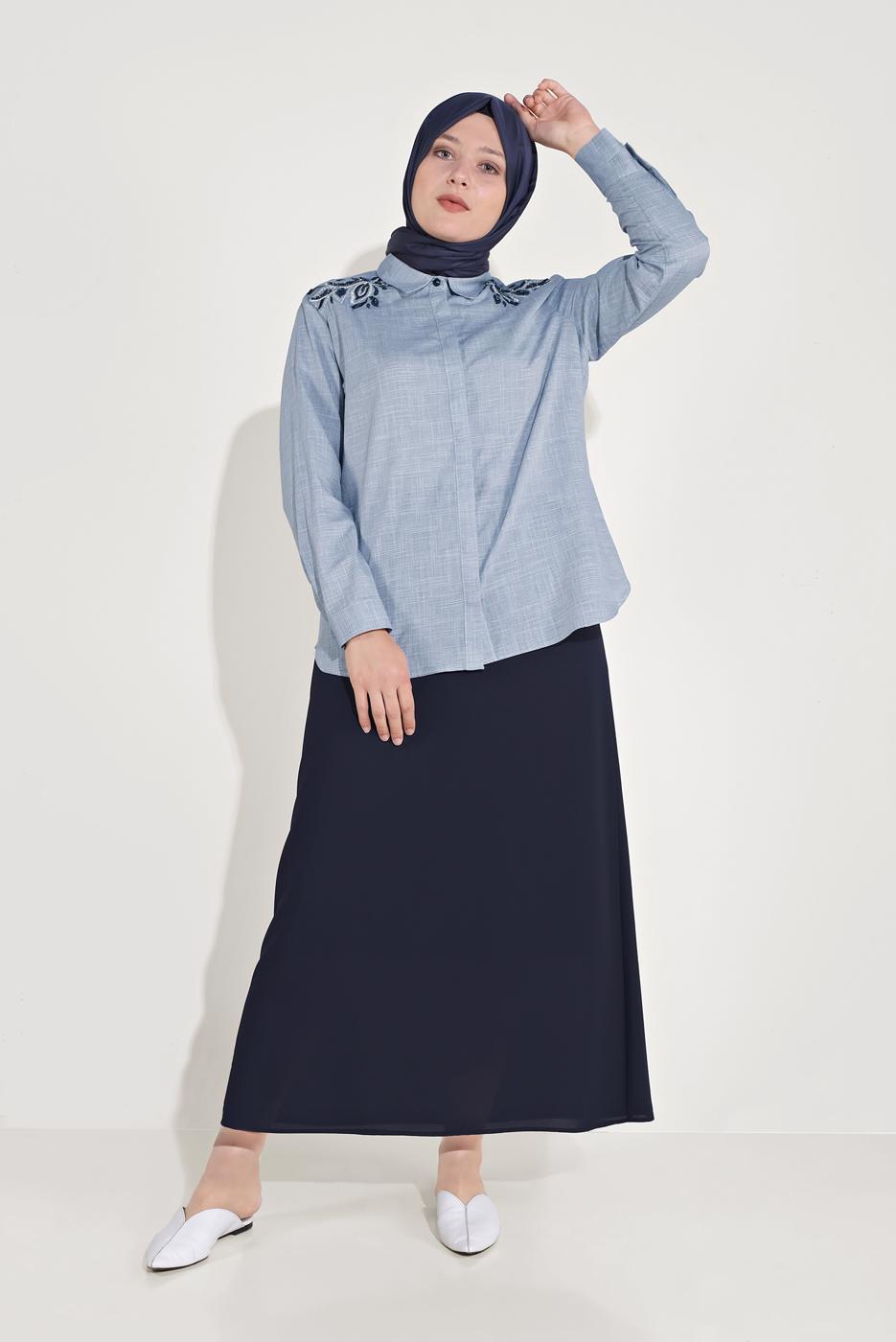 Vêtements hijab BLEU TUNIQUE EN COTON BRODÉ ALVİNA 20048