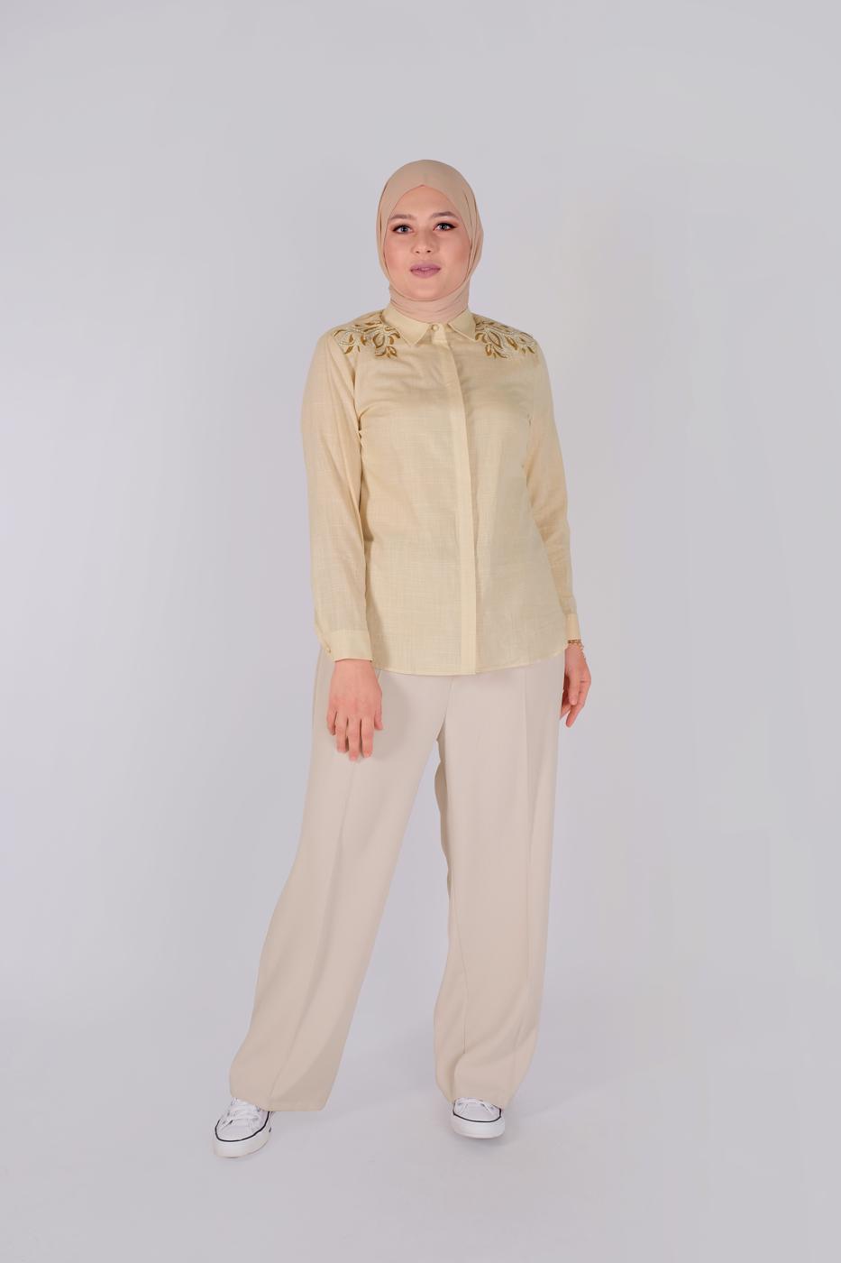 Vêtements hijab BRUN TUNIQUE EN COTON BRODÉ ALVİNA 20048