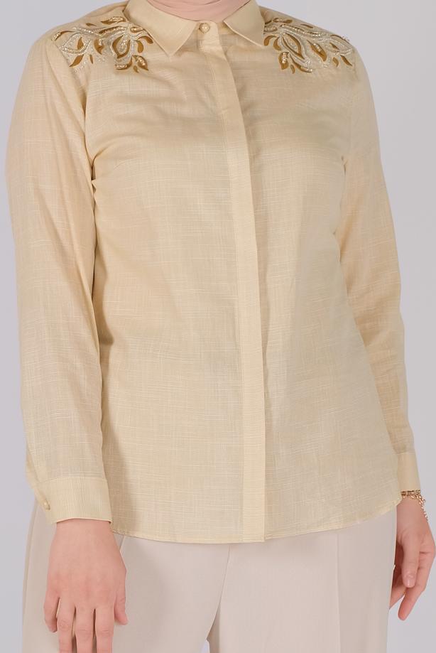 Vêtements hijab BRUN TUNIQUE EN COTON BRODÉ ALVİNA 20048 - TRENDTESETTÜR