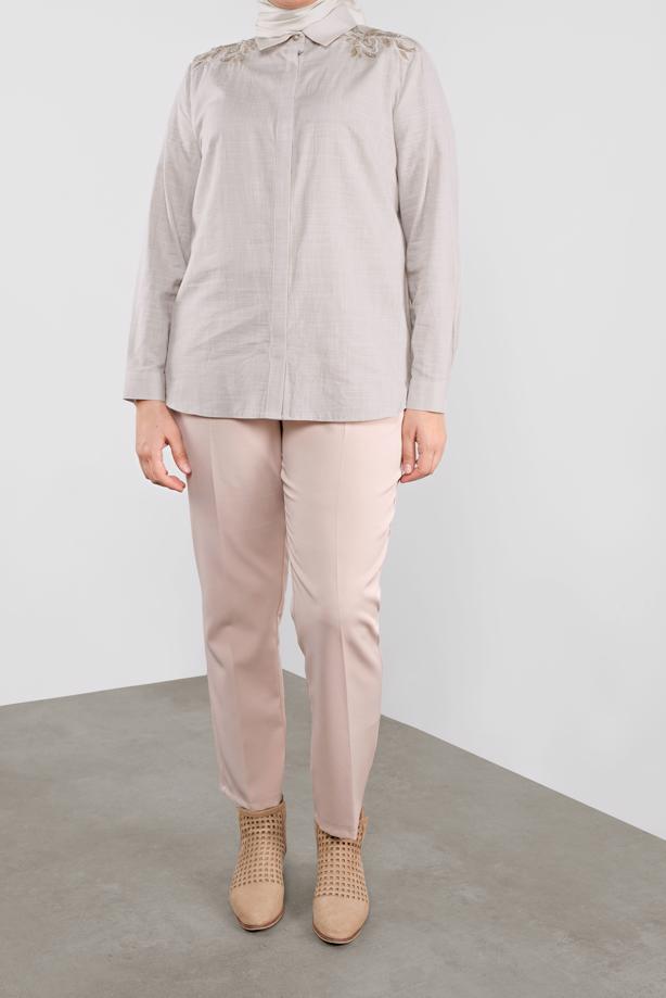 Vêtements hijab BEIGE TUNIQUE EN COTON BRODÉ ALVİNA 20048 - TRENDTESETTÜR