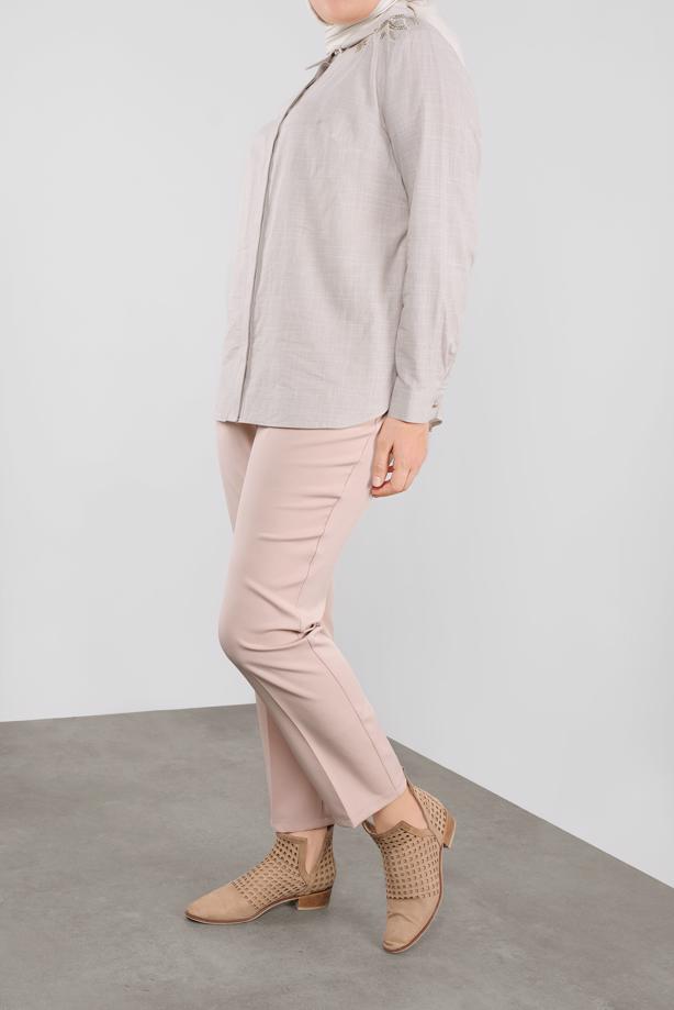 Vêtements hijab BEIGE TUNIQUE EN COTON BRODÉ ALVİNA 20048 - TRENDTESETTÜR