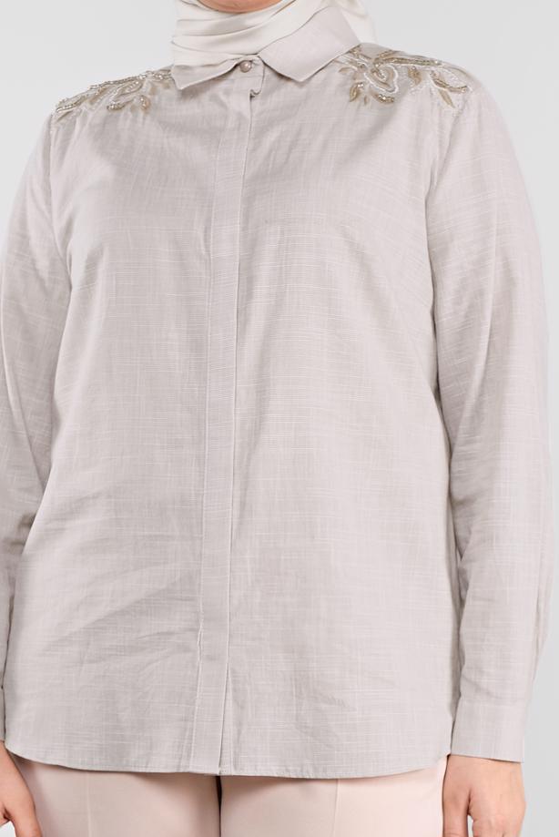 Vêtements hijab BEIGE TUNIQUE EN COTON BRODÉ ALVİNA 20048 - TRENDTESETTÜR