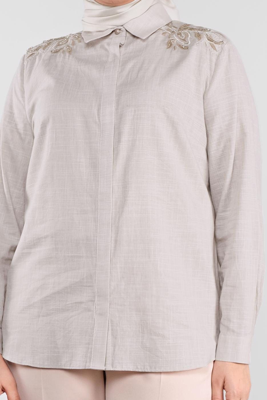 Vêtements hijab BEIGE TUNIQUE EN COTON BRODÉ ALVİNA 20048