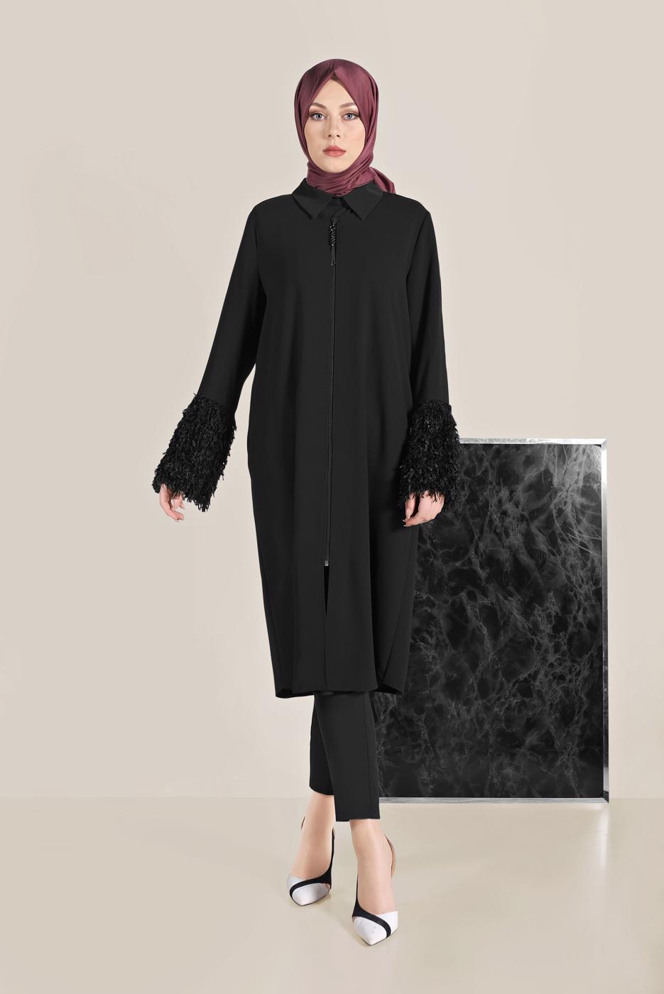 Vêtements hijab NOIR ALVİNA VESTE À FRANGES 40731