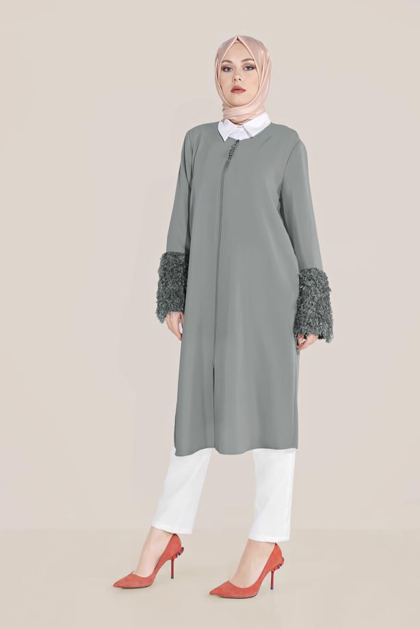 Vêtements hijab GRIS ALVİNA VESTE À FRANGES 40731 - TRENDTESETTÜR