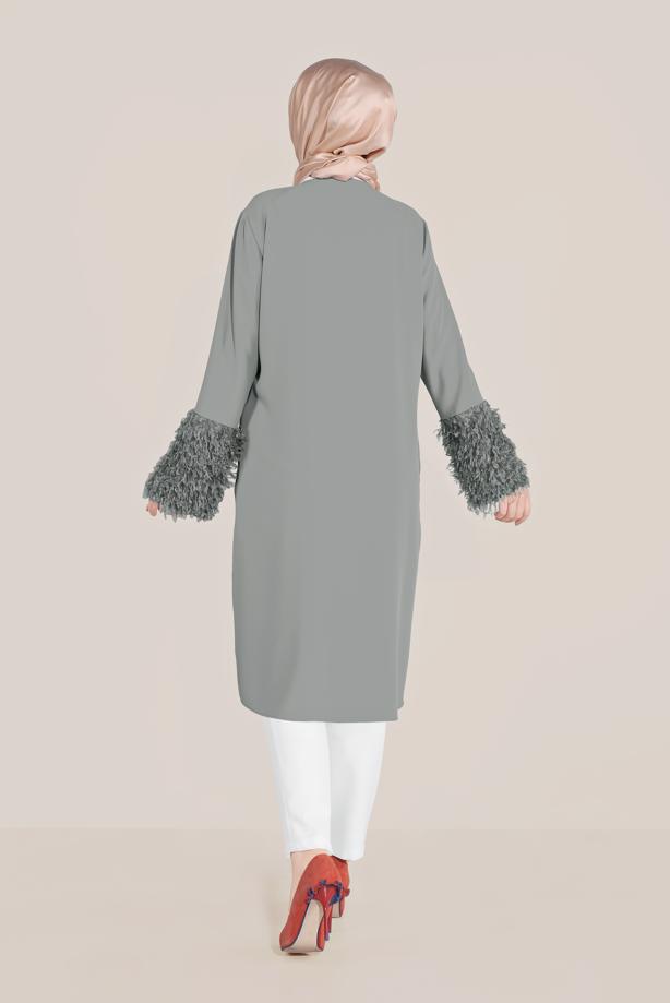 Vêtements hijab GRIS ALVİNA VESTE À FRANGES 40731 - TRENDTESETTÜR