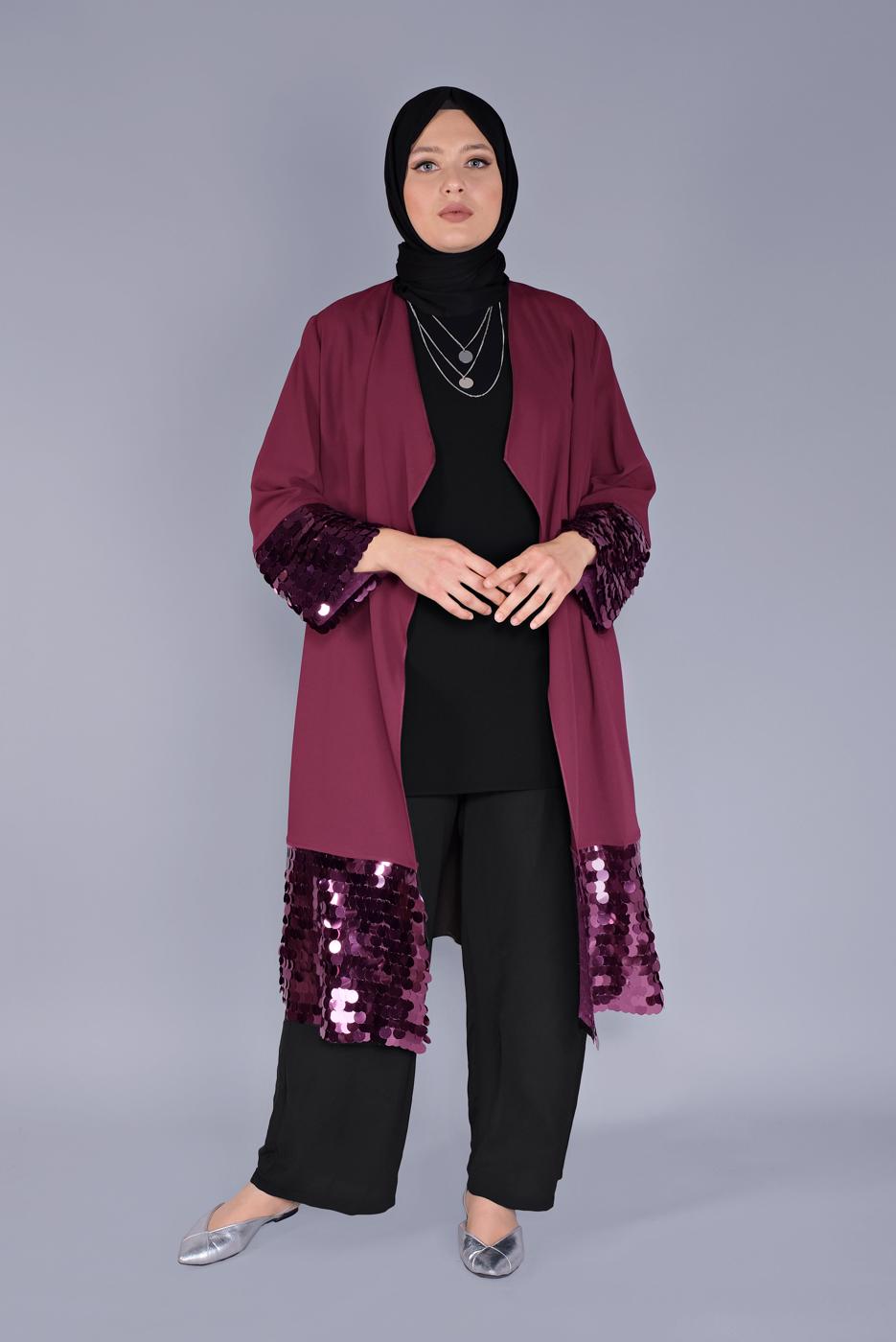 Vêtements hijab ROUGE BORDEAUX ALVİNA VESTE À PAILLETTES 40882