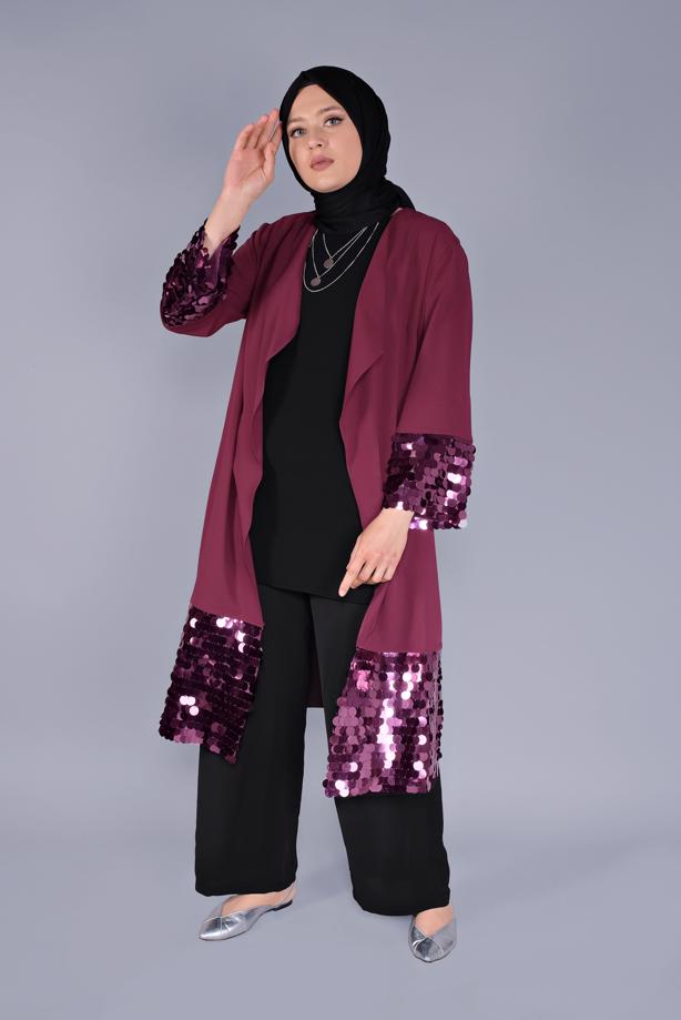 Tesettür giyim BORDO ALVİNA PUL PAYET DETAYLI CEKET 40882  - TRENDTESETTÜR
