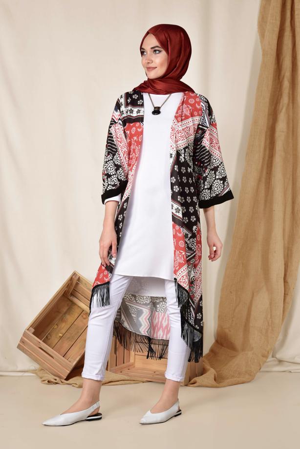 Vêtements hijab ROUGE KIMONO A FRANGES A MOTIF ALVİNA 4936 - TRENDTESETTÜR