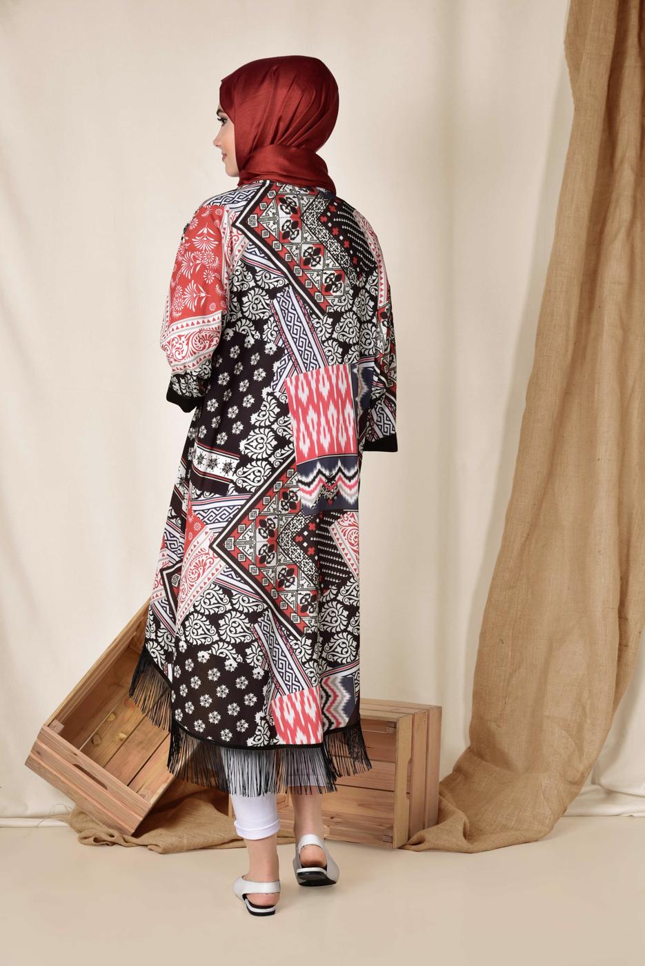 Hijab clothing RED ALVİNA PATTERNED FRINGED KIMONO 4936 